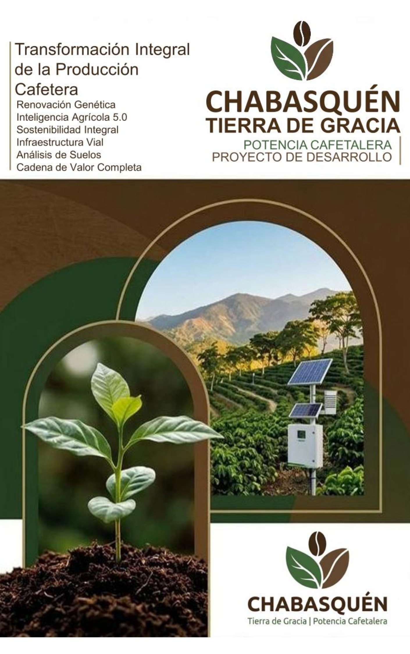 Portada oficial del proyecto de desarrollo integral para el sector cafetalero del municipio Unda, estado Portuguesa. Logotipo del proyecto Chabasquén Tierra de Gracia Potencia Cafetalera, mostrando un grano y hojas de café en tonos marrón y verde.