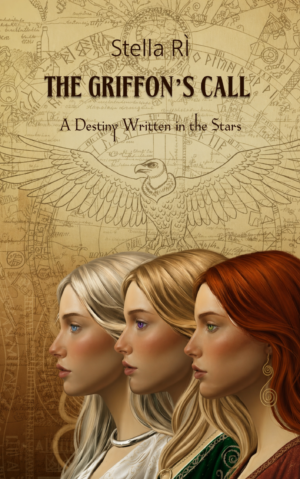 Contraportada del libro The Griffon's Call de Stella Rì, con un diseño de pergamino antiguo, runas, un mapa estelar de constelaciones y una sinopsis poética.