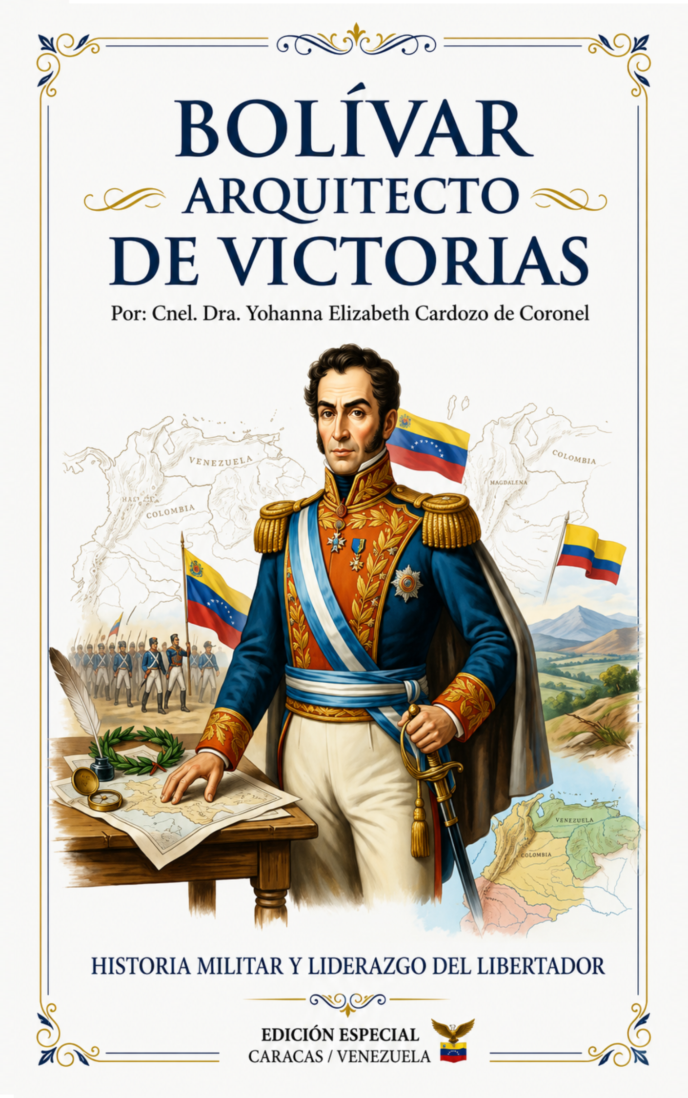 Ilustración de Simón Bolívar en uniforme militar clásico, rodeado de estrellas y arcos sobre una silueta de ciudad moderna, con el título Bolívar Arquitecto de Victorias.