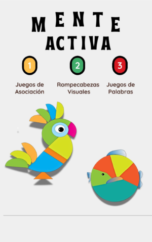 Portada del libro Mente Activa de Vidaecopost, que muestra la ilustración colorida de un pez circular.